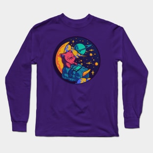 Sleeping kitten on moon, cute cat sleeping on moon neon Long Sleeve T-Shirt